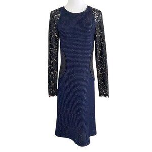 ST JOHN COUTURE NAVY KNIT BLACK SEQUIN AND LACE COMBO SHEATH DRESS - 6